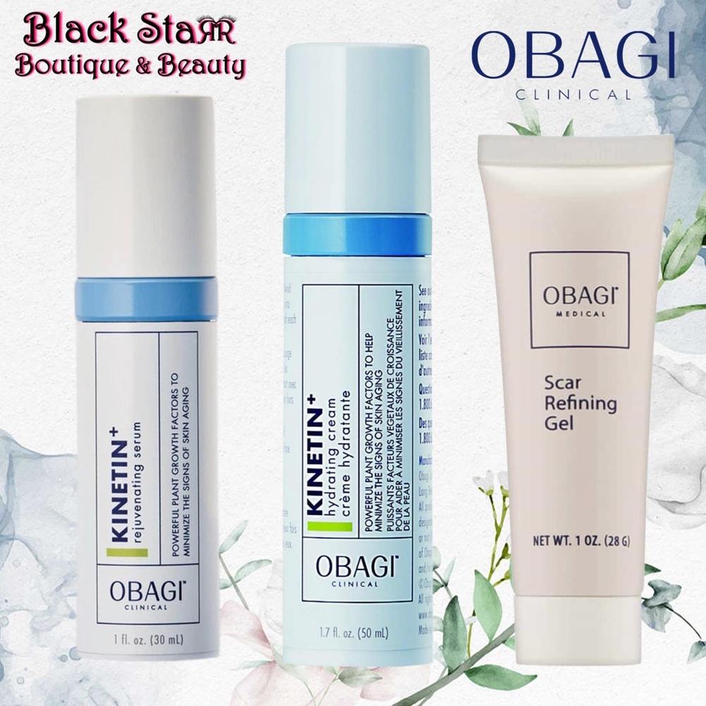 Obagi Clinicals Trio Set- Kinetin+ Hydrating Cream & Rejuv Serum & Scar Gel. NEW